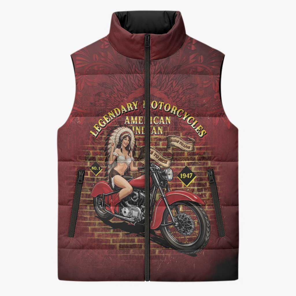Native American Rider Sleeveless Puffer Jacket Legendary Motorcycle Vintage Pin Up Girl - Wonder Print Shop