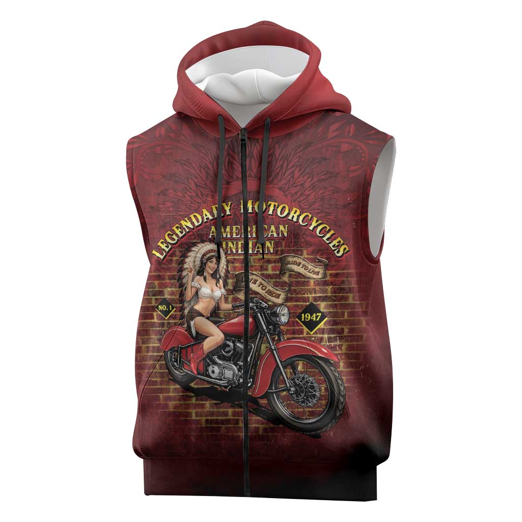Native American Rider Sleeveless Zip Hoodie Legendary Motorcycle Vintage Pin Up Girl - Wonder Print Shop