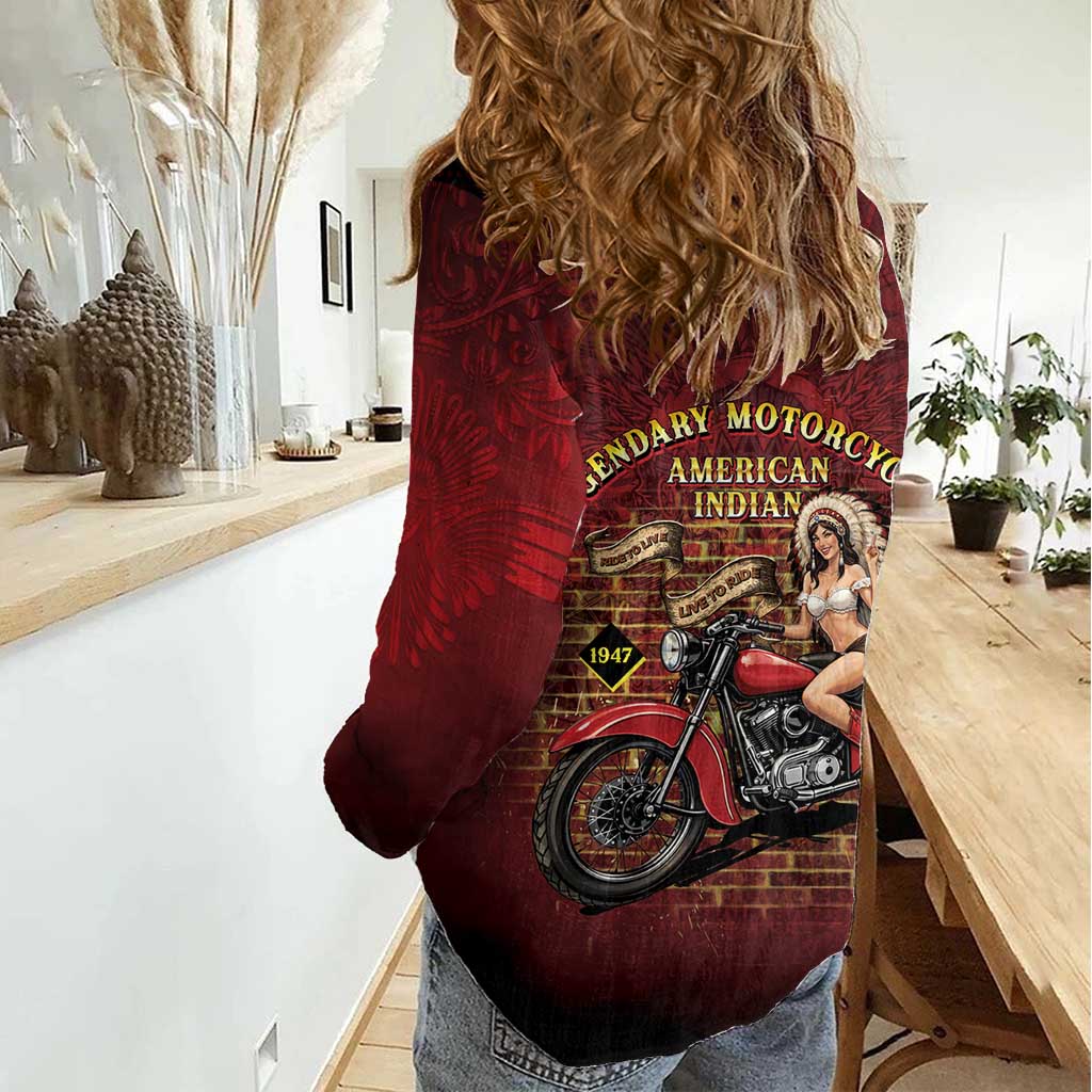 Native American Rider Women Casual Shirt Legendary Motorcycle Vintage Pin Up Girl - Wonder Print Shop
