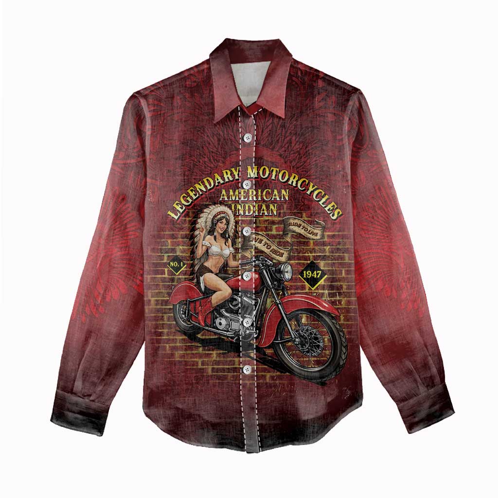 Native American Rider Women Casual Shirt Legendary Motorcycle Vintage Pin Up Girl - Wonder Print Shop