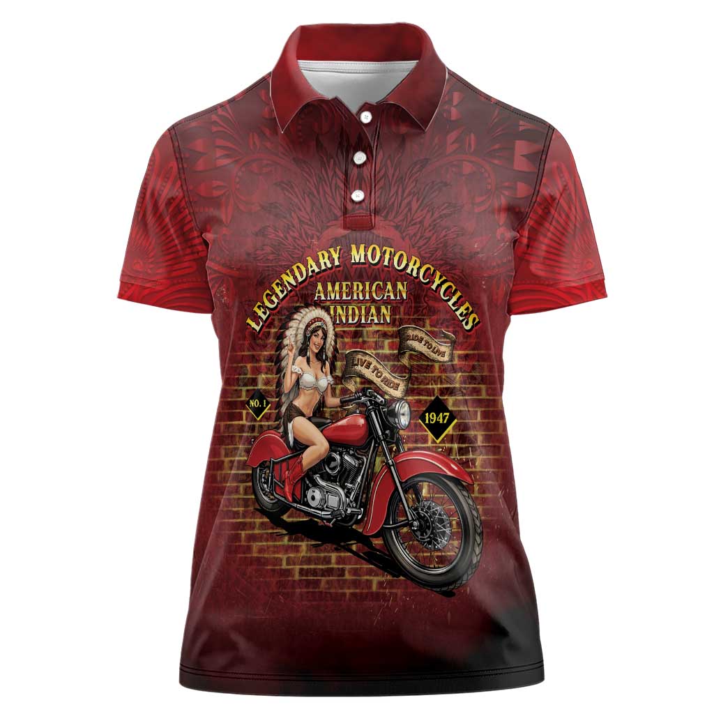 Native American Rider Women Polo Shirt Legendary Motorcycle Vintage Pin Up Girl - Wonder Print Shop