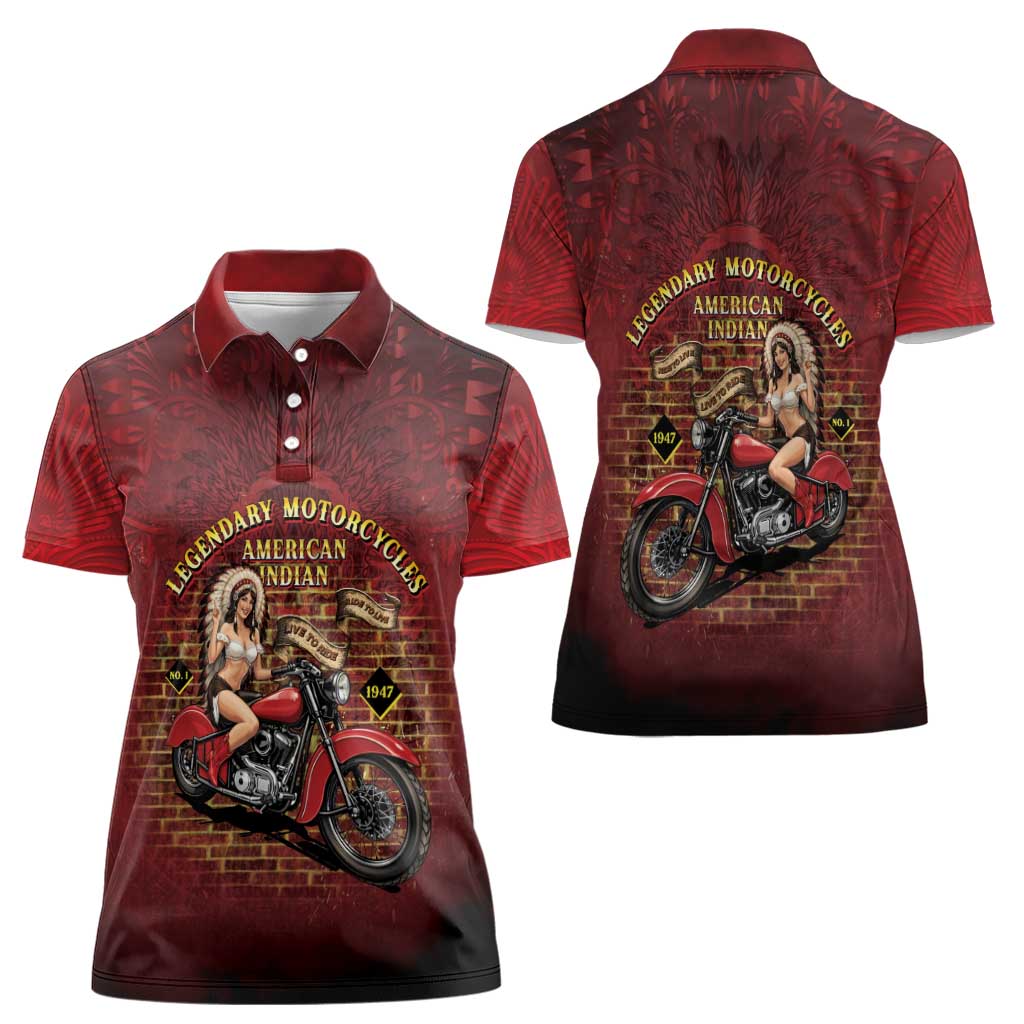 Native American Rider Women Polo Shirt Legendary Motorcycle Vintage Pin Up Girl - Wonder Print Shop