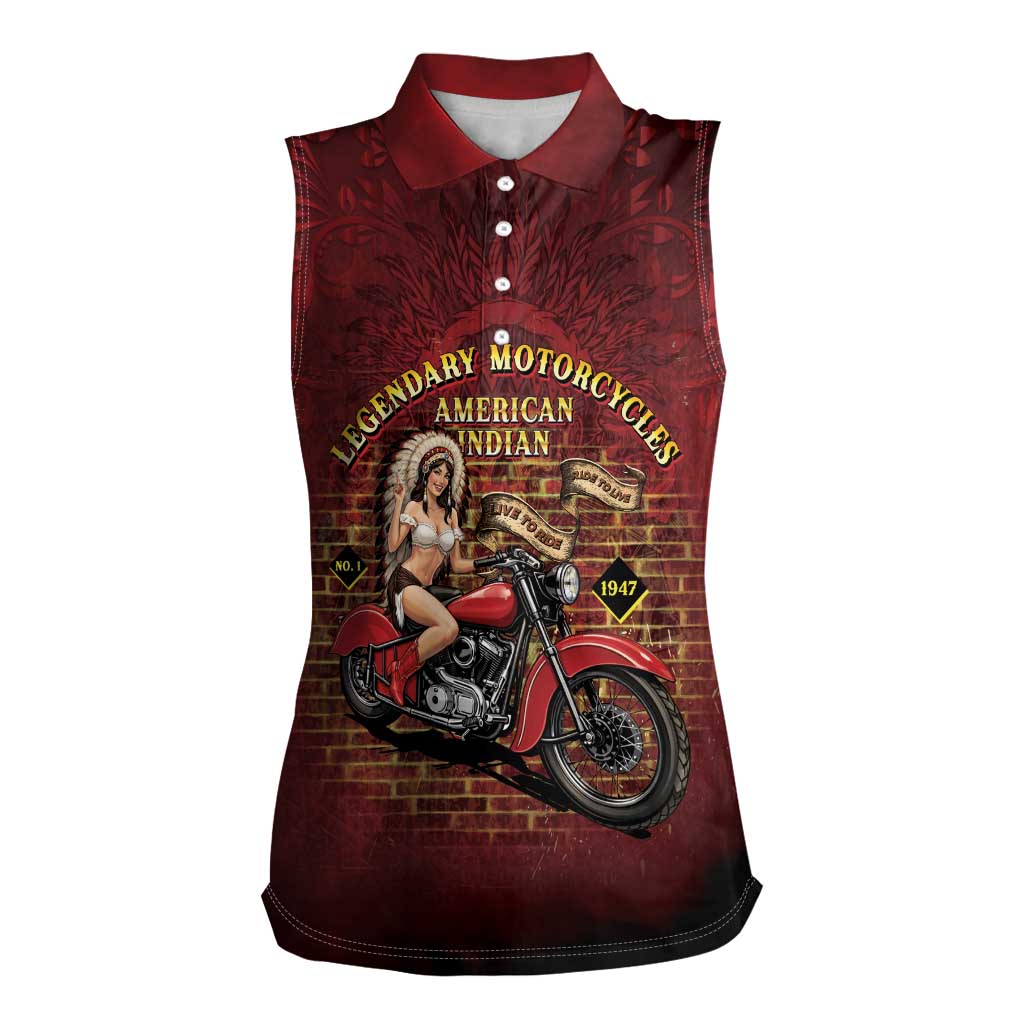 Native American Rider Women Sleeveless Polo Shirt Legendary Motorcycle Vintage Pin Up Girl - Wonder Print Shop