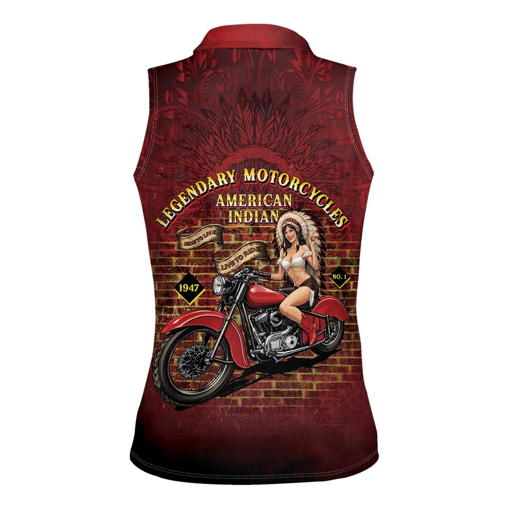 Native American Rider Women Sleeveless Polo Shirt Legendary Motorcycle Vintage Pin Up Girl - Wonder Print Shop