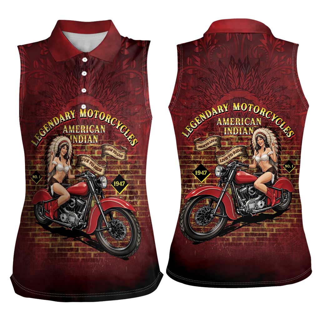 Native American Rider Women Sleeveless Polo Shirt Legendary Motorcycle Vintage Pin Up Girl - Wonder Print Shop