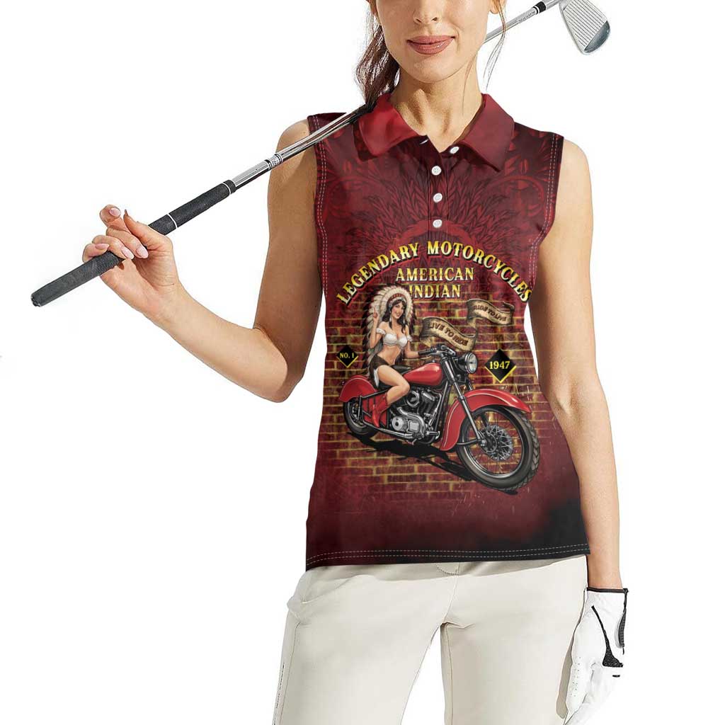 Native American Rider Women Sleeveless Polo Shirt Legendary Motorcycle Vintage Pin Up Girl - Wonder Print Shop