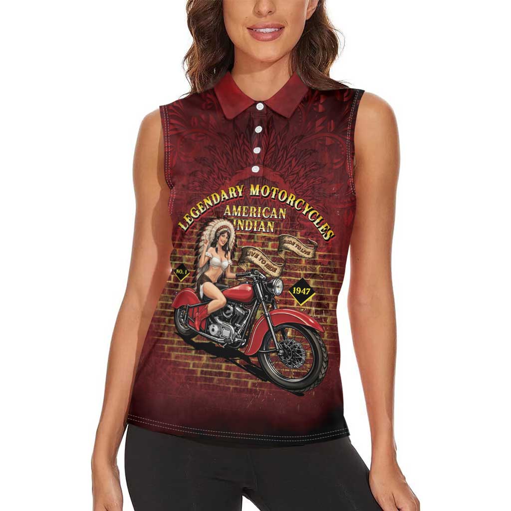 Native American Rider Women Sleeveless Polo Shirt Legendary Motorcycle Vintage Pin Up Girl - Wonder Print Shop