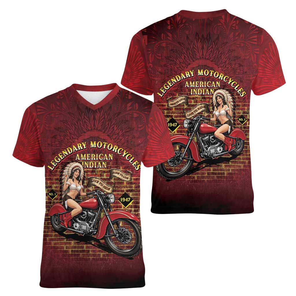 Native American Rider Women V-Neck T-Shirt Legendary Motorcycle Vintage Pin Up Girl - Wonder Print Shop