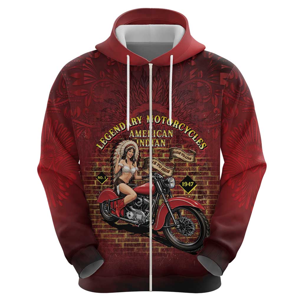 Native American Rider Zip Hoodie Legendary Motorcycle Vintage Pin Up Girl - Wonder Print Shop