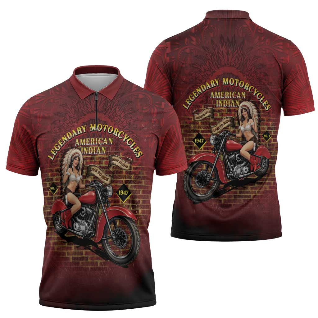 Native American Rider Zipper Polo Shirt Legendary Motorcycle Vintage Pin Up Girl - Wonder Print Shop