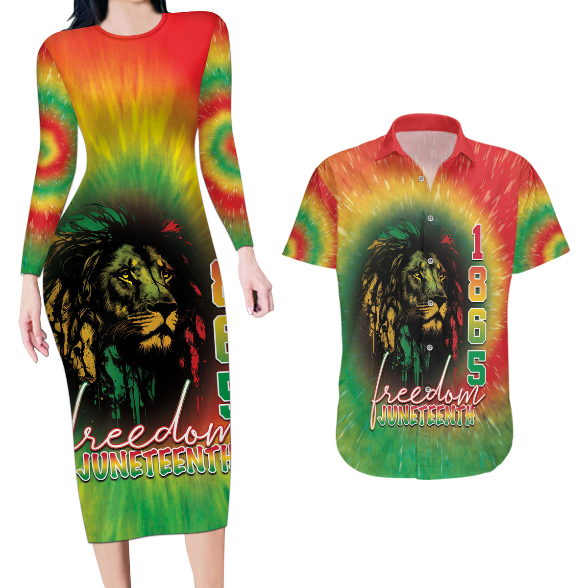 Juneteenth Freedom Day Couples Matching Long Sleeve Bodycon Dress and Hawaiian Shirt Reggae Tie Dye Style LT05 - Wonder Print Shop