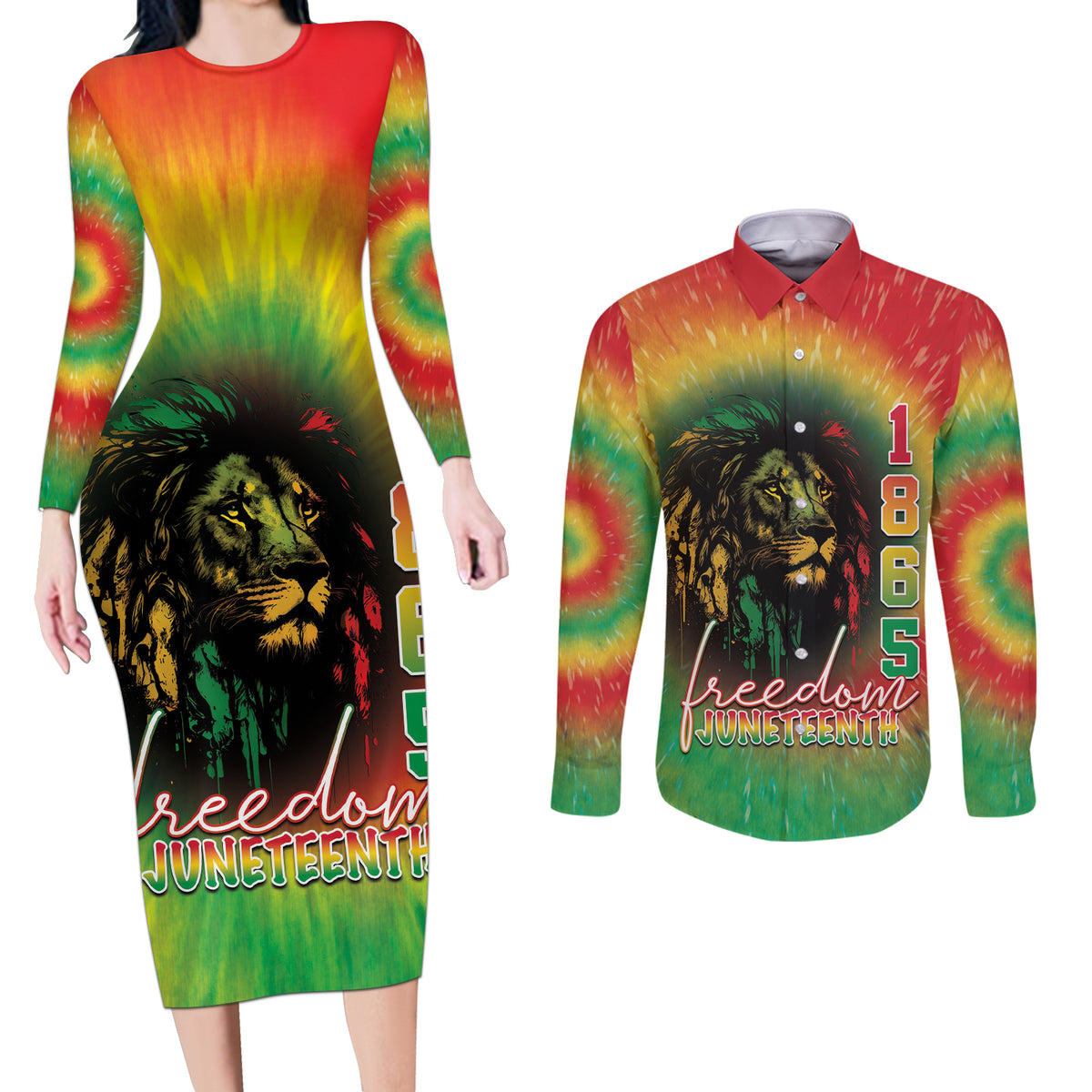 Juneteenth Freedom Day Couples Matching Long Sleeve Bodycon Dress and Long Sleeve Button Shirt Reggae Tie Dye Style LT05 - Wonder Print Shop