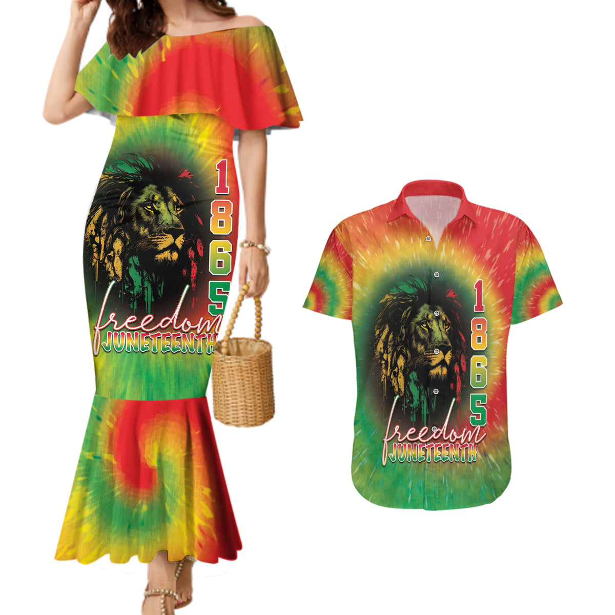 Juneteenth Freedom Day Couples Matching Mermaid Dress and Hawaiian Shirt Reggae Tie Dye Style LT05 - Wonder Print Shop