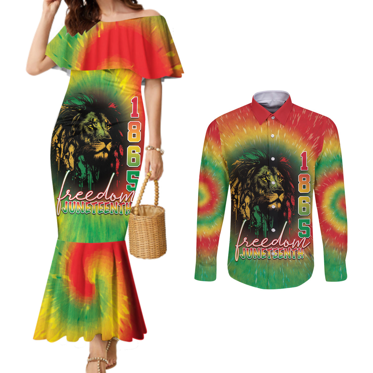 Juneteenth Freedom Day Couples Matching Mermaid Dress and Long Sleeve Button Shirt Reggae Tie Dye Style