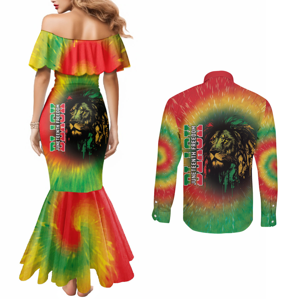 Juneteenth Freedom Day Couples Matching Mermaid Dress and Long Sleeve Button Shirt Reggae Tie Dye Style