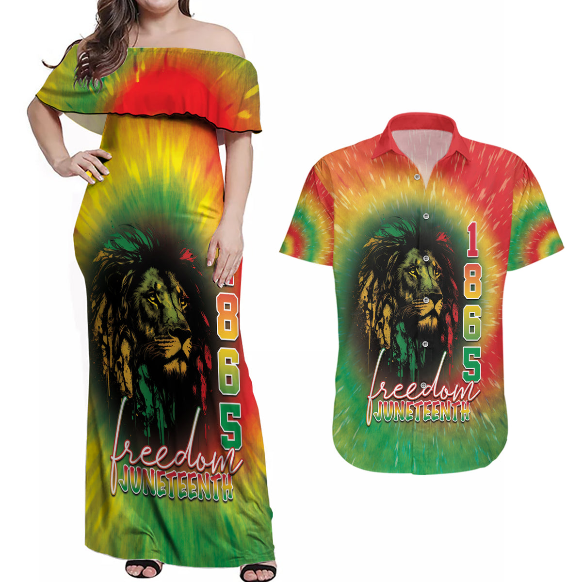 Juneteenth Freedom Day Couples Matching Off Shoulder Maxi Dress and Hawaiian Shirt Reggae Tie Dye Style LT05 - Wonder Print Shop