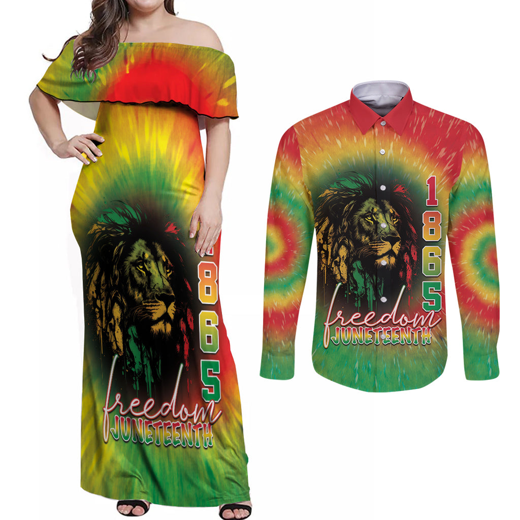Juneteenth Freedom Day Couples Matching Off Shoulder Maxi Dress and Long Sleeve Button Shirt Reggae Tie Dye Style LT05 - Wonder Print Shop
