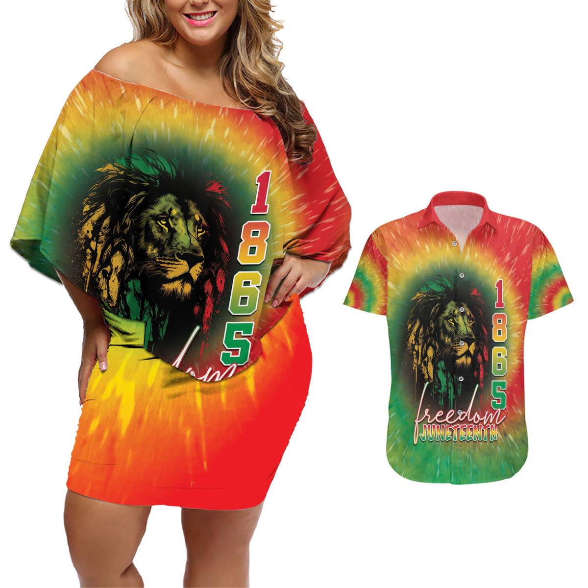 Juneteenth Freedom Day Couples Matching Off Shoulder Short Dress and Hawaiian Shirt Reggae Tie Dye Style LT05 - Wonder Print Shop