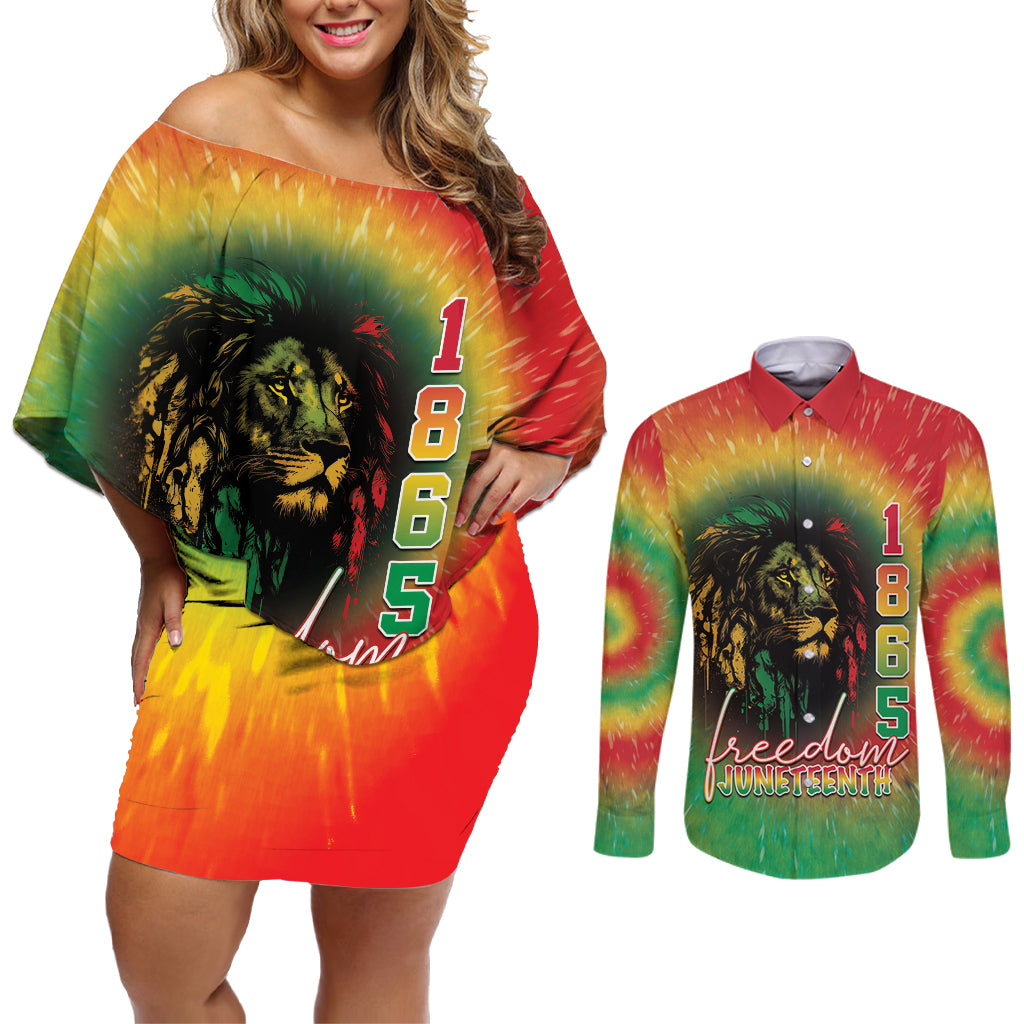 Juneteenth Freedom Day Couples Matching Off Shoulder Short Dress and Long Sleeve Button Shirt Reggae Tie Dye Style LT05 - Wonder Print Shop