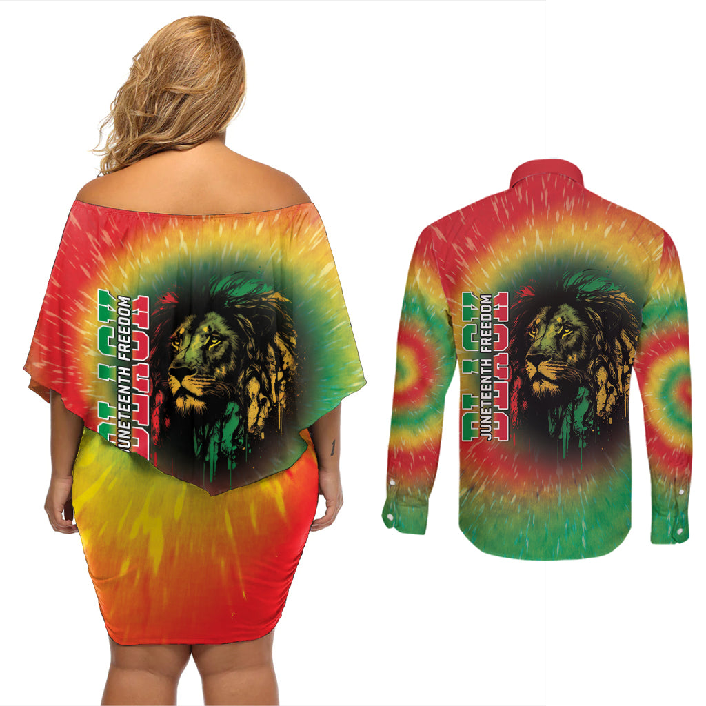 Juneteenth Freedom Day Couples Matching Off Shoulder Short Dress and Long Sleeve Button Shirt Reggae Tie Dye Style LT05 - Wonder Print Shop