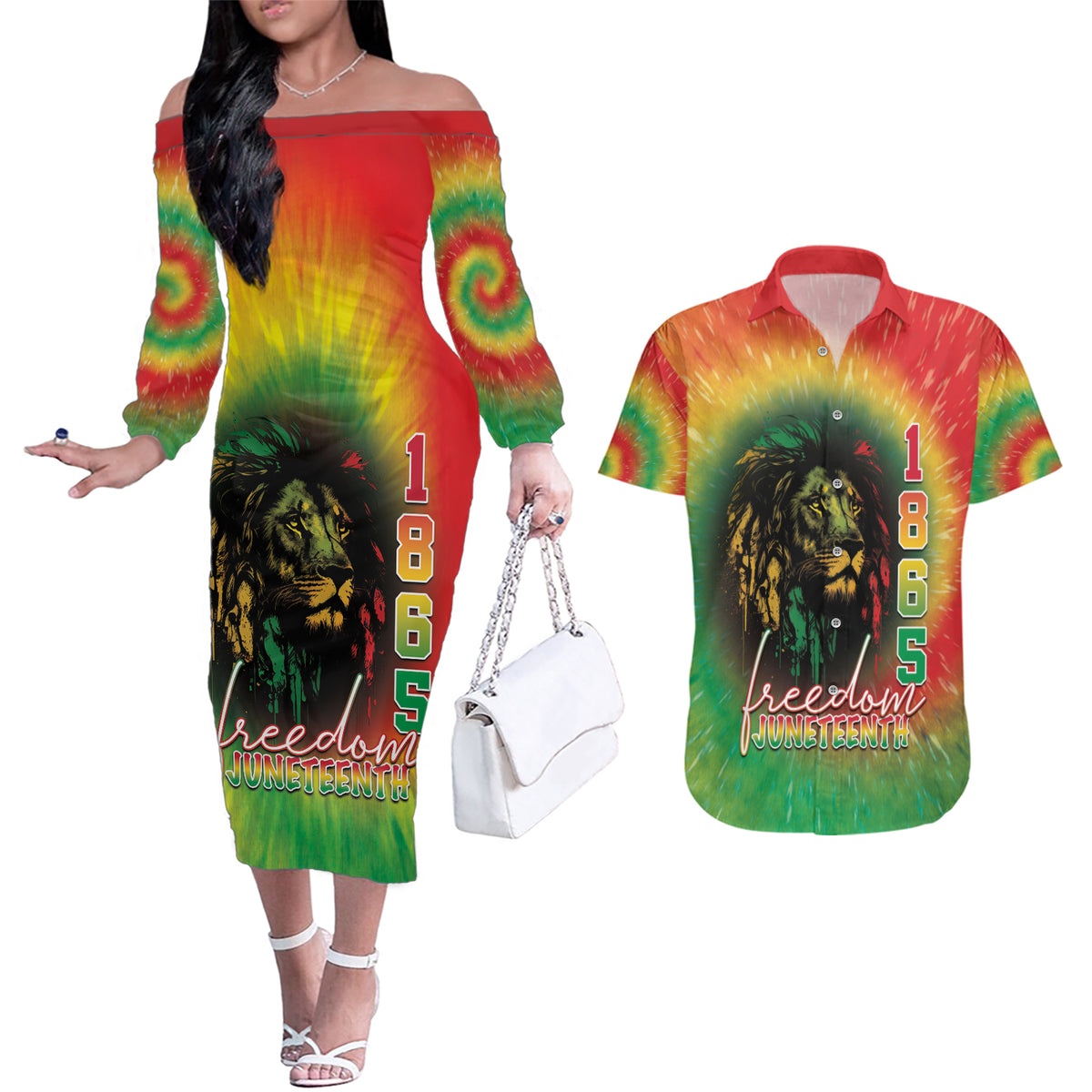 Juneteenth Freedom Day Couples Matching Off The Shoulder Long Sleeve Dress and Hawaiian Shirt Reggae Tie Dye Style LT05 - Wonder Print Shop