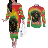 Juneteenth Freedom Day Couples Matching Off The Shoulder Long Sleeve Dress and Long Sleeve Button Shirt Reggae Tie Dye Style