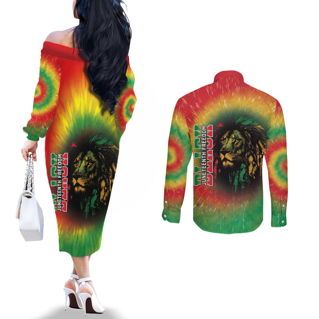 Juneteenth Freedom Day Couples Matching Off The Shoulder Long Sleeve Dress and Long Sleeve Button Shirt Reggae Tie Dye Style