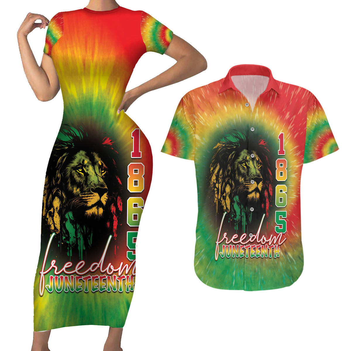 Juneteenth Freedom Day Couples Matching Short Sleeve Bodycon Dress and Hawaiian Shirt Reggae Tie Dye Style LT05 - Wonder Print Shop