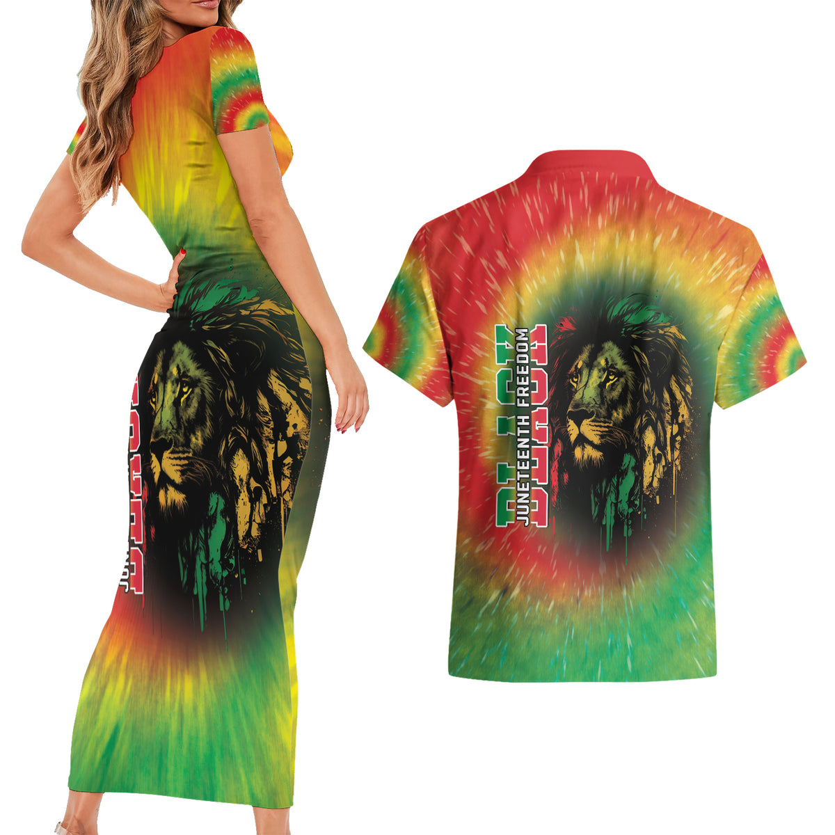 Juneteenth Freedom Day Couples Matching Short Sleeve Bodycon Dress and Hawaiian Shirt Reggae Tie Dye Style LT05 - Wonder Print Shop