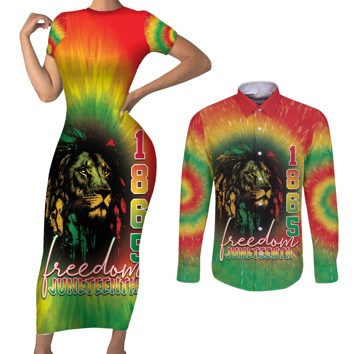 Juneteenth Freedom Day Couples Matching Short Sleeve Bodycon Dress and Long Sleeve Button Shirt Reggae Tie Dye Style LT05 - Wonder Print Shop