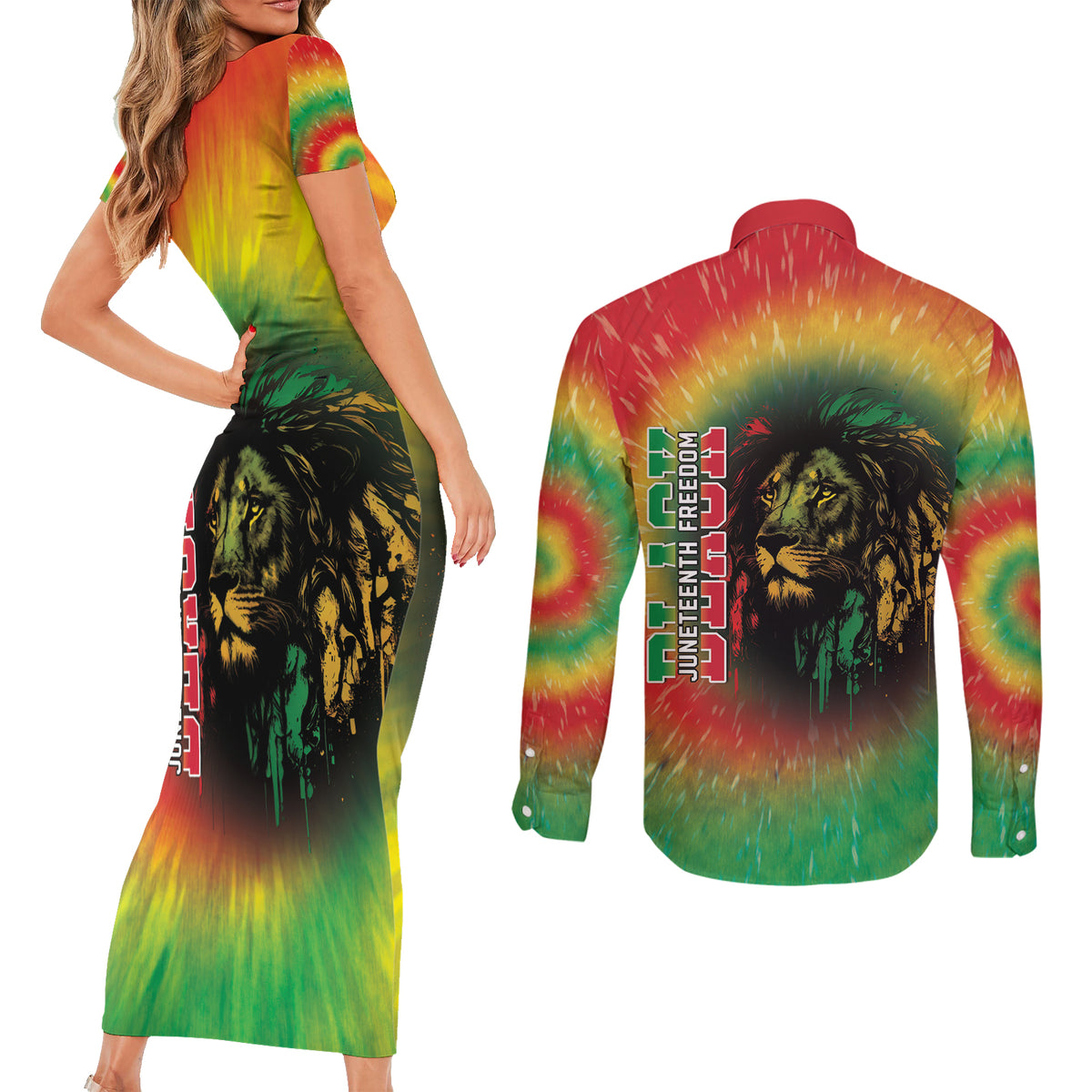 Juneteenth Freedom Day Couples Matching Short Sleeve Bodycon Dress and Long Sleeve Button Shirt Reggae Tie Dye Style LT05 - Wonder Print Shop