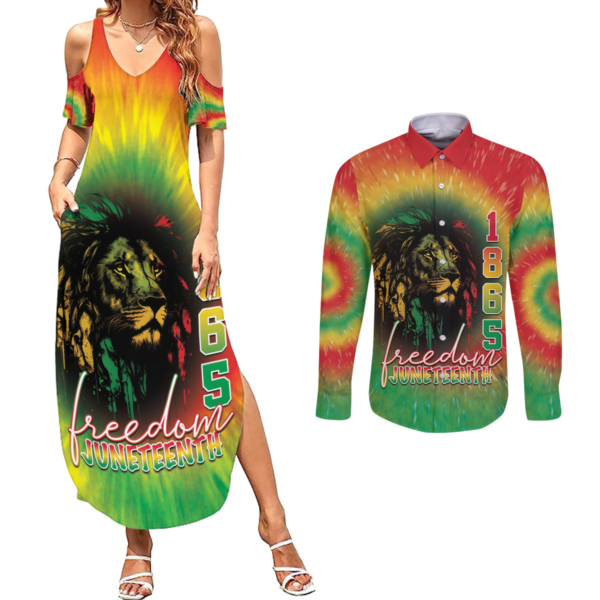 Juneteenth Freedom Day Couples Matching Summer Maxi Dress and Long Sleeve Button Shirt Reggae Tie Dye Style LT05 - Wonder Print Shop