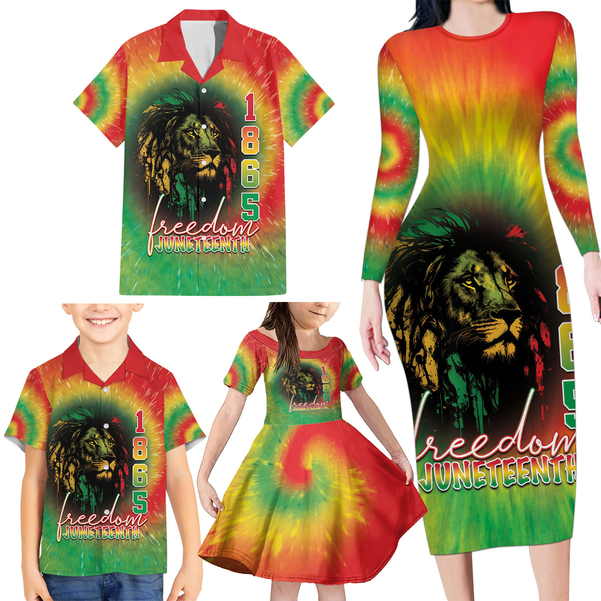 Juneteenth Freedom Day Family Matching Long Sleeve Bodycon Dress and Hawaiian Shirt Reggae Tie Dye Style LT05 - Wonder Print Shop