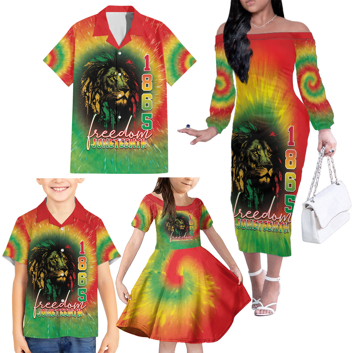 Juneteenth Freedom Day Family Matching Off The Shoulder Long Sleeve Dress and Hawaiian Shirt Reggae Tie Dye Style LT05 - Wonder Print Shop