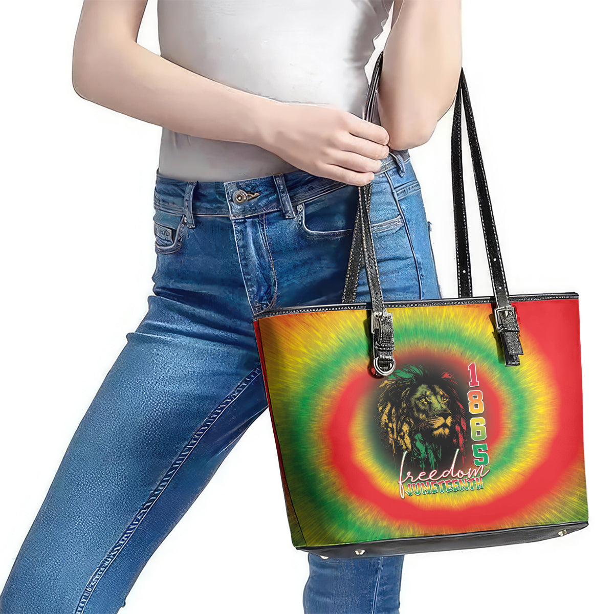Juneteenth Freedom Day Leather Tote Bag Reggae Tie Dye Style LT05 - Wonder Print Shop