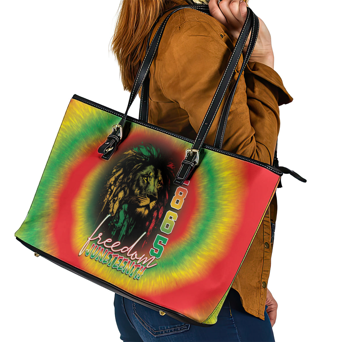 Juneteenth Freedom Day Leather Tote Bag Reggae Tie Dye Style LT05 - Wonder Print Shop