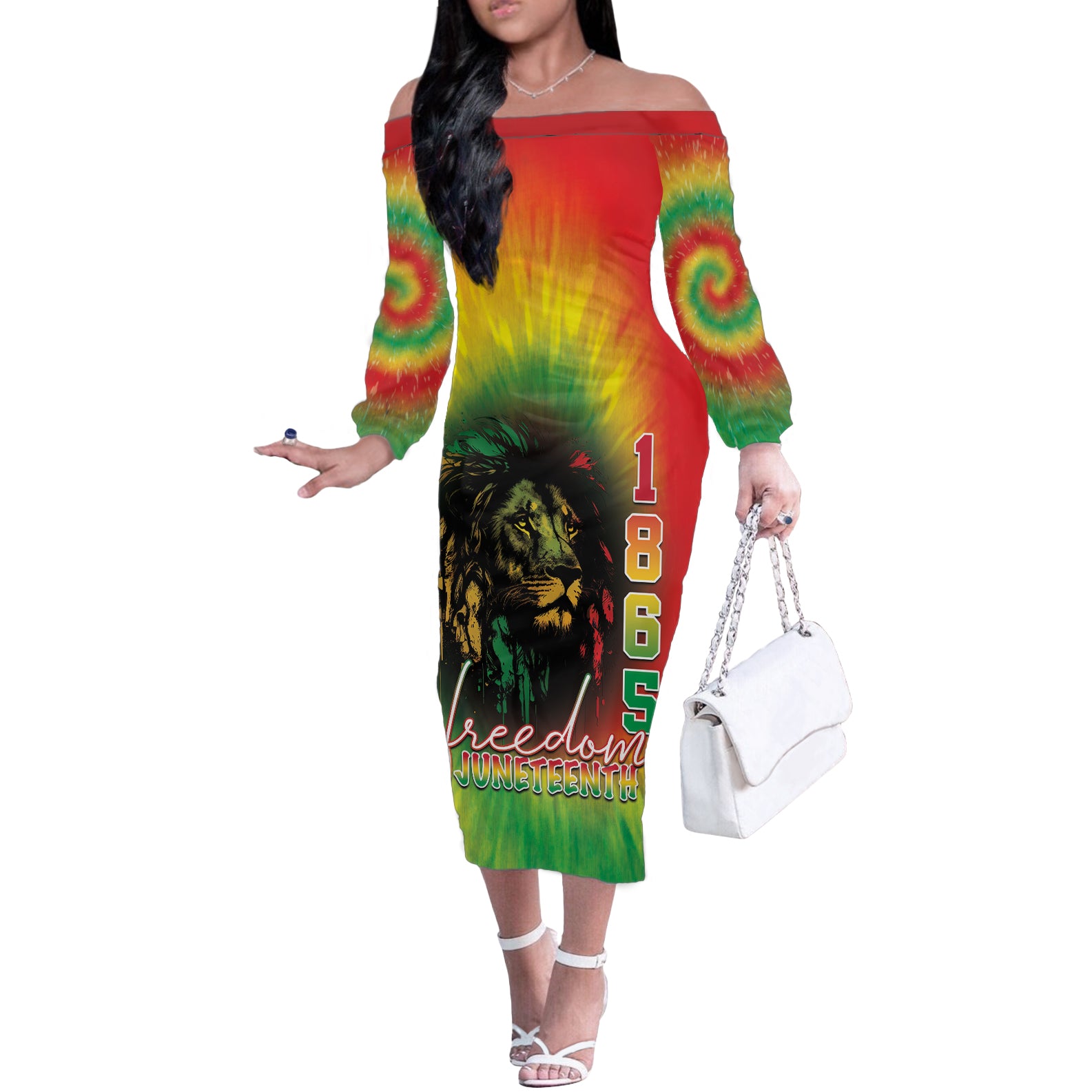 Juneteenth Freedom Day Off The Shoulder Long Sleeve Dress Reggae Tie Dye Style LT05 - Wonder Print Shop