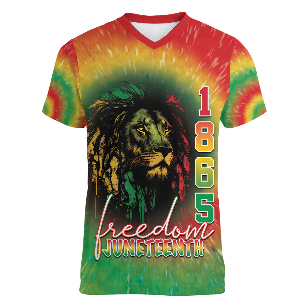 Juneteenth Freedom Day Women V-Neck T-Shirt Reggae Tie Dye Style LT05 - Wonder Print Shop