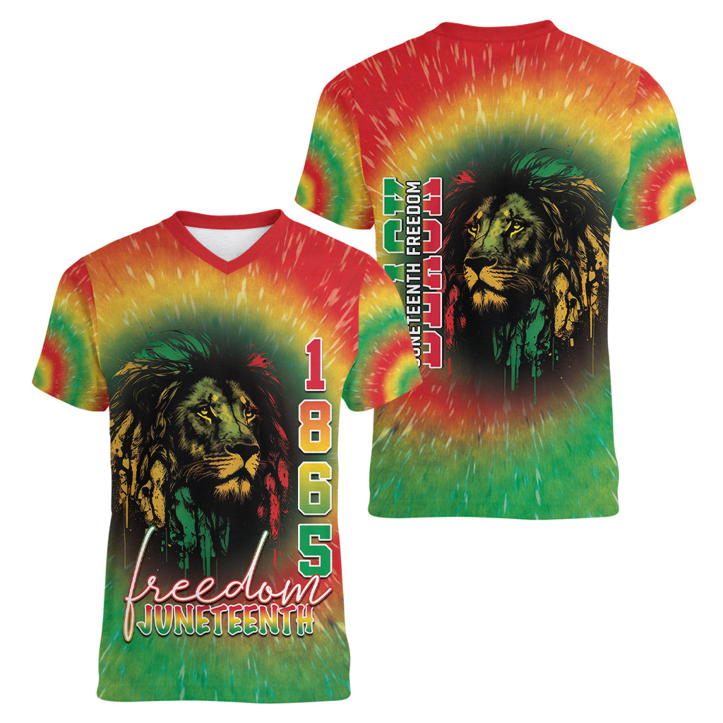 Juneteenth Freedom Day Women V-Neck T-Shirt Reggae Tie Dye Style LT05 - Wonder Print Shop