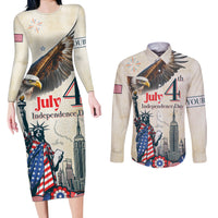 Personalised United States Independence Day Couples Matching Long Sleeve Bodycon Dress and Long Sleeve Button Shirt Freedom 4th Of July Beige Version LT05 - Wonder Print Shop