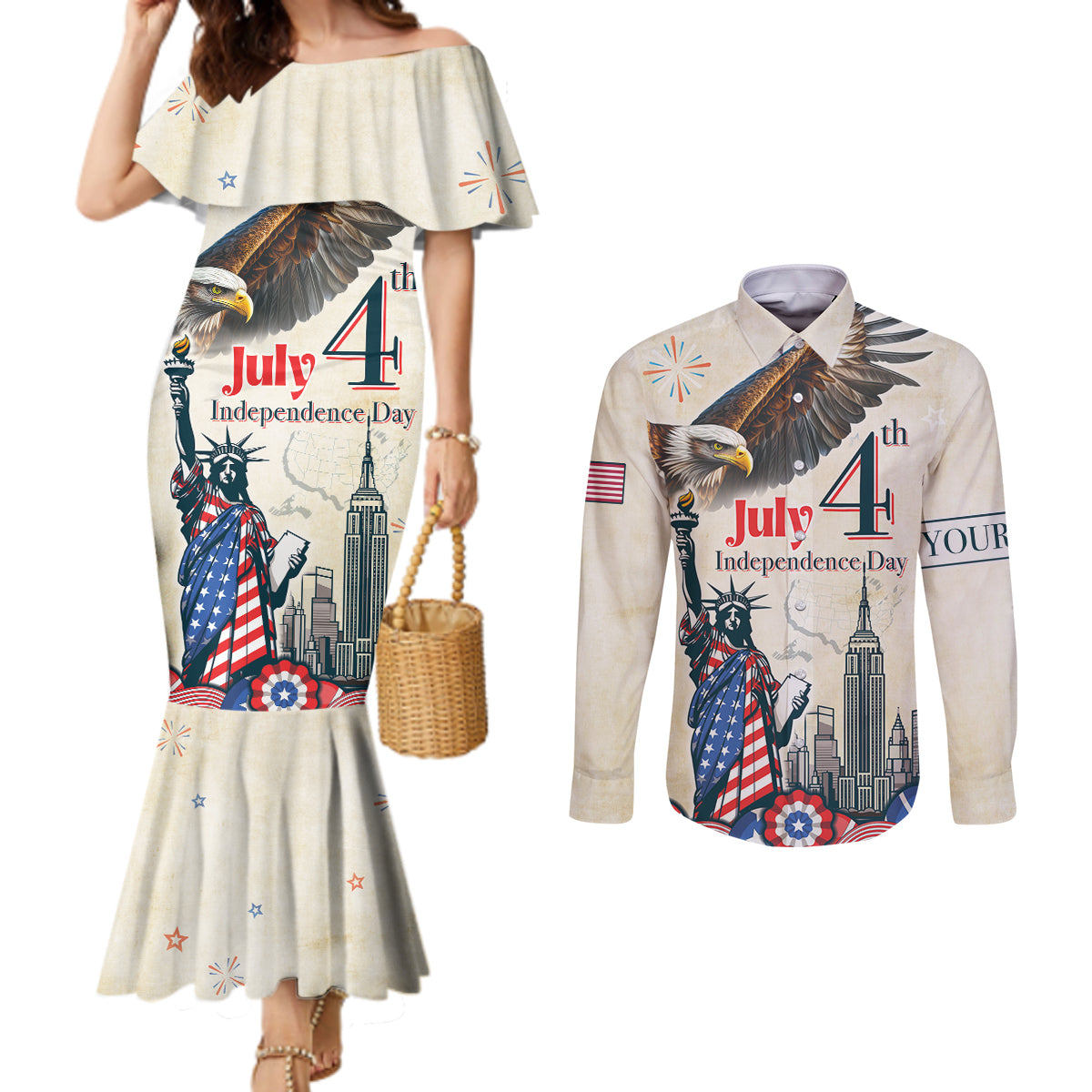 Personalised United States Independence Day Couples Matching Mermaid Dress and Long Sleeve Button Shirt Freedom 4th Of July Beige Version