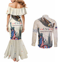 Personalised United States Independence Day Couples Matching Mermaid Dress and Long Sleeve Button Shirt Freedom 4th Of July Beige Version