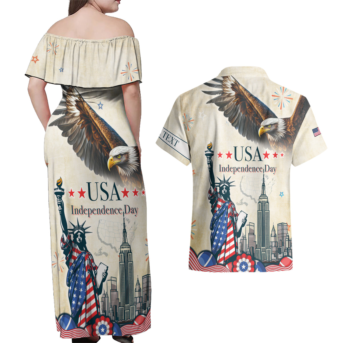 Personalised United States Independence Day Couples Matching Off Shoulder Maxi Dress and Hawaiian Shirt Freedom 4th Of July Beige Version LT05 - Wonder Print Shop
