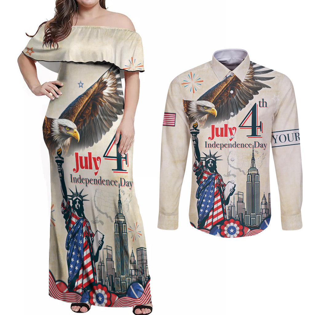 Personalised United States Independence Day Couples Matching Off Shoulder Maxi Dress and Long Sleeve Button Shirt Freedom 4th Of July Beige Version LT05 - Wonder Print Shop