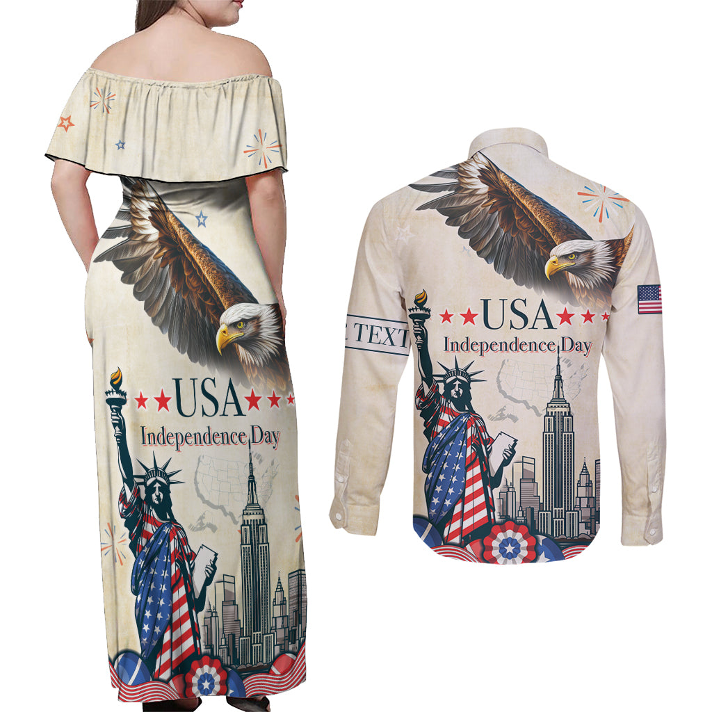Personalised United States Independence Day Couples Matching Off Shoulder Maxi Dress and Long Sleeve Button Shirt Freedom 4th Of July Beige Version LT05 - Wonder Print Shop