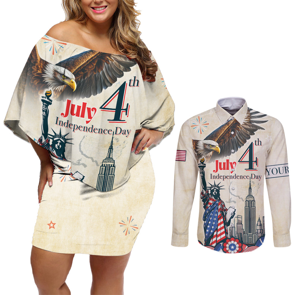 Personalised United States Independence Day Couples Matching Off Shoulder Short Dress and Long Sleeve Button Shirt Freedom 4th Of July Beige Version LT05 - Wonder Print Shop