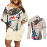 Personalised United States Independence Day Couples Matching Off Shoulder Short Dress and Long Sleeve Button Shirt Freedom 4th Of July Beige Version LT05 - Wonder Print Shop
