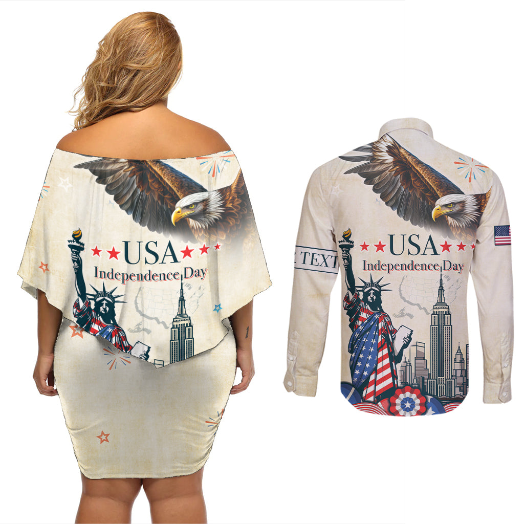 Personalised United States Independence Day Couples Matching Off Shoulder Short Dress and Long Sleeve Button Shirt Freedom 4th Of July Beige Version LT05 - Wonder Print Shop