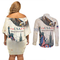 Personalised United States Independence Day Couples Matching Off Shoulder Short Dress and Long Sleeve Button Shirt Freedom 4th Of July Beige Version LT05 - Wonder Print Shop