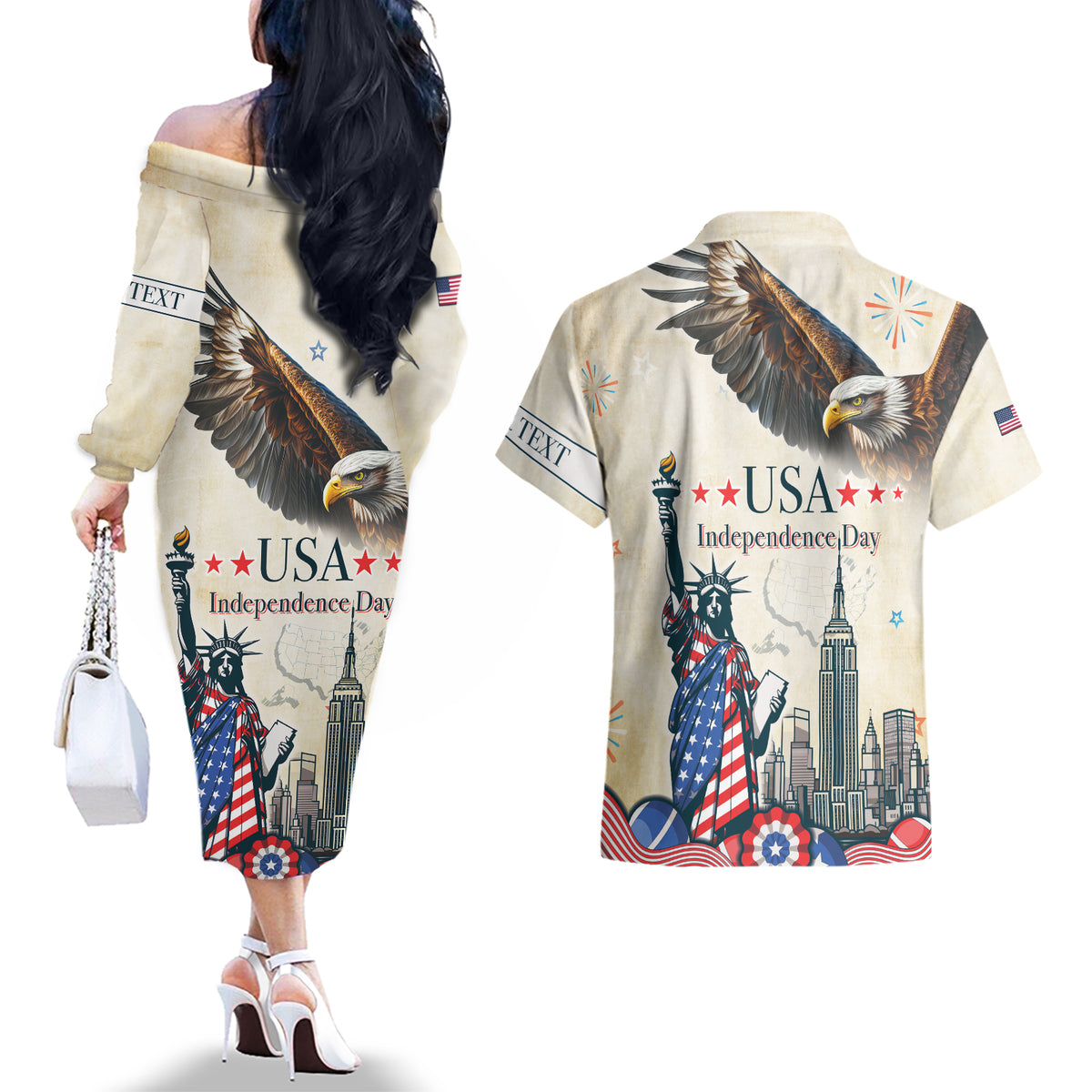 Personalised United States Independence Day Couples Matching Off The Shoulder Long Sleeve Dress and Hawaiian Shirt Freedom 4th Of July Beige Version LT05 - Wonder Print Shop